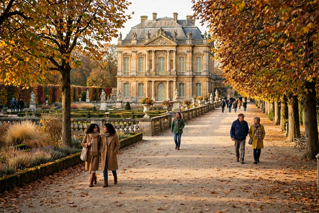 Historic royal palace gardens in autumn with visitors on a tree-lined path